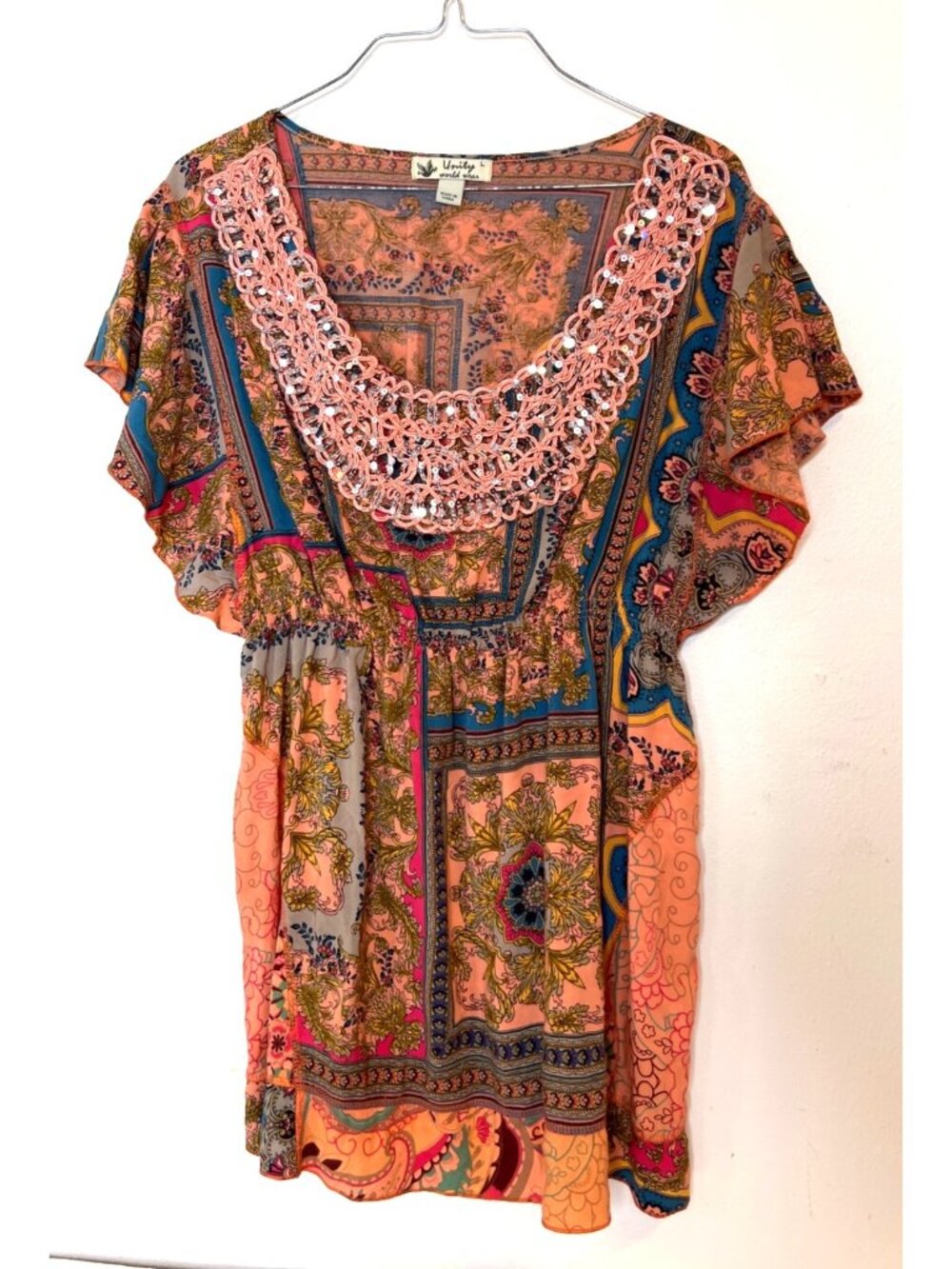 Unity‎ World Wear Boho Peasant Blouse Orange Paisley Sequin Embellished Large